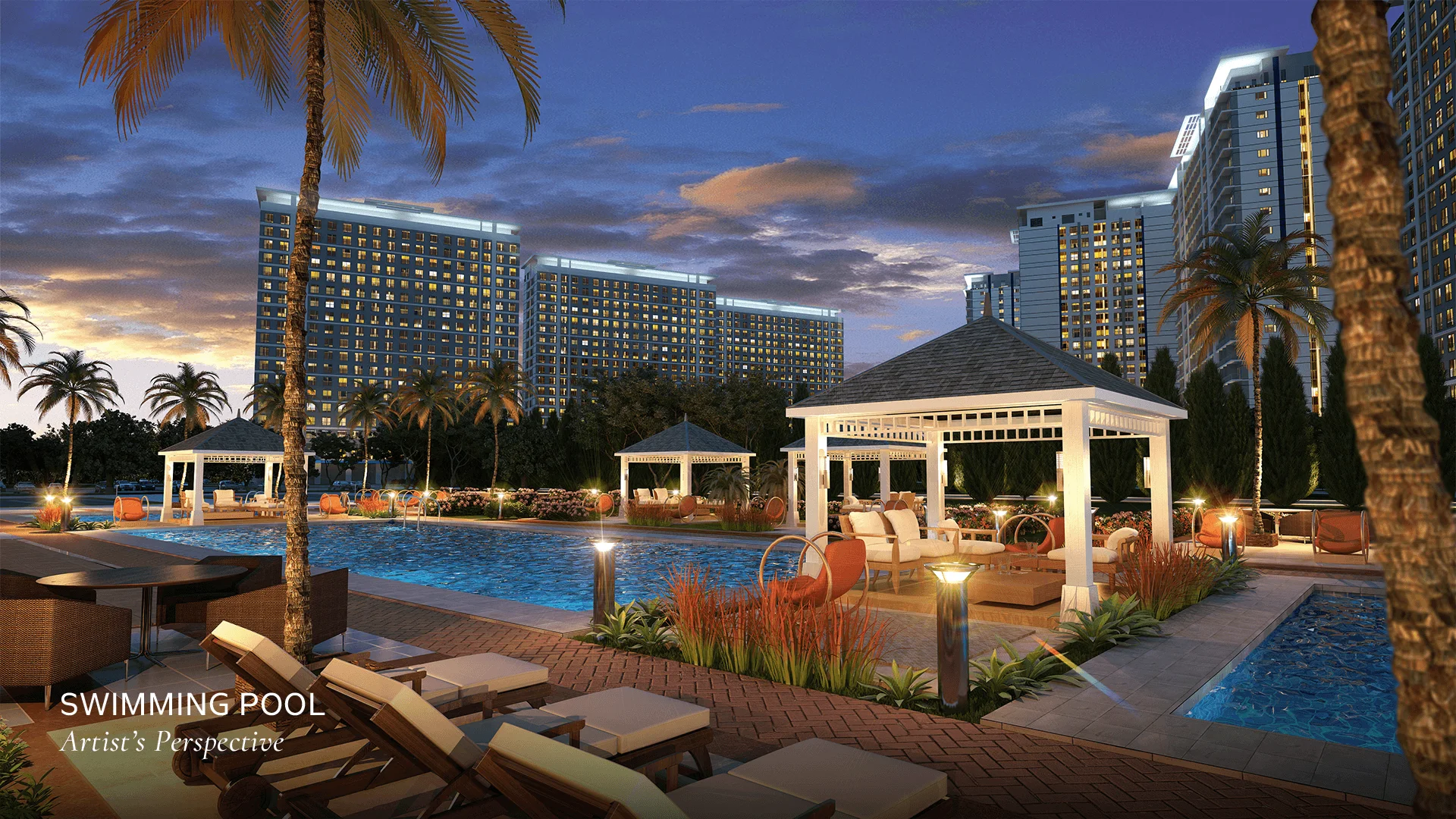The swimming pool at Wind Residences at dusk.