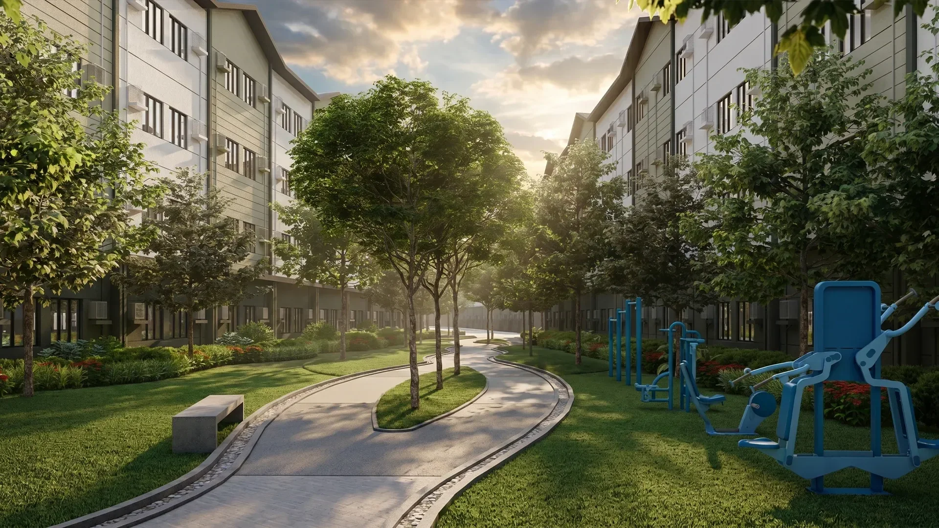 A linear park walkway at Zeal Residences.