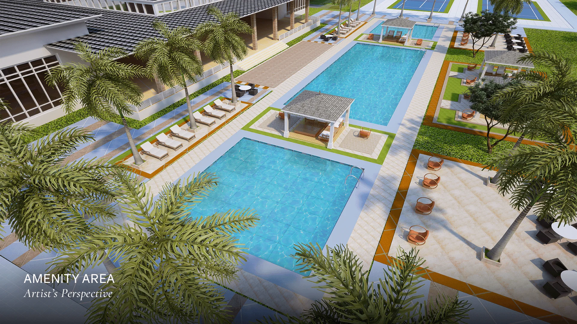 An aerial view of the pool deck and sport courts at Wind Residences.