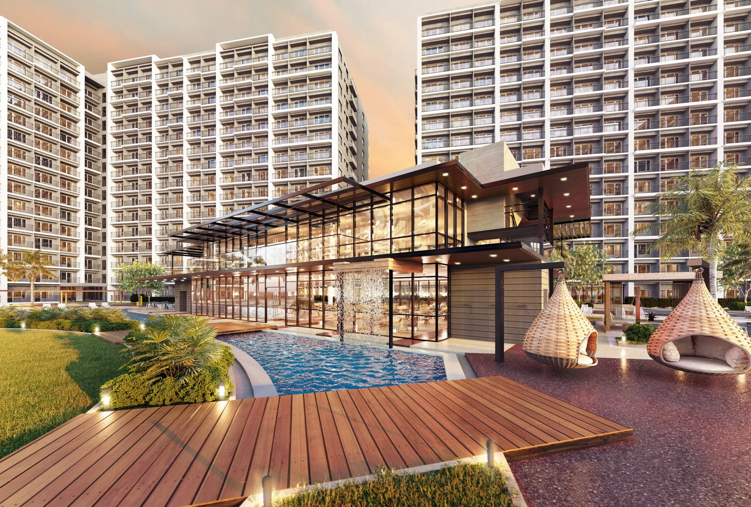 The tropical clubhouse at Sail Residences.