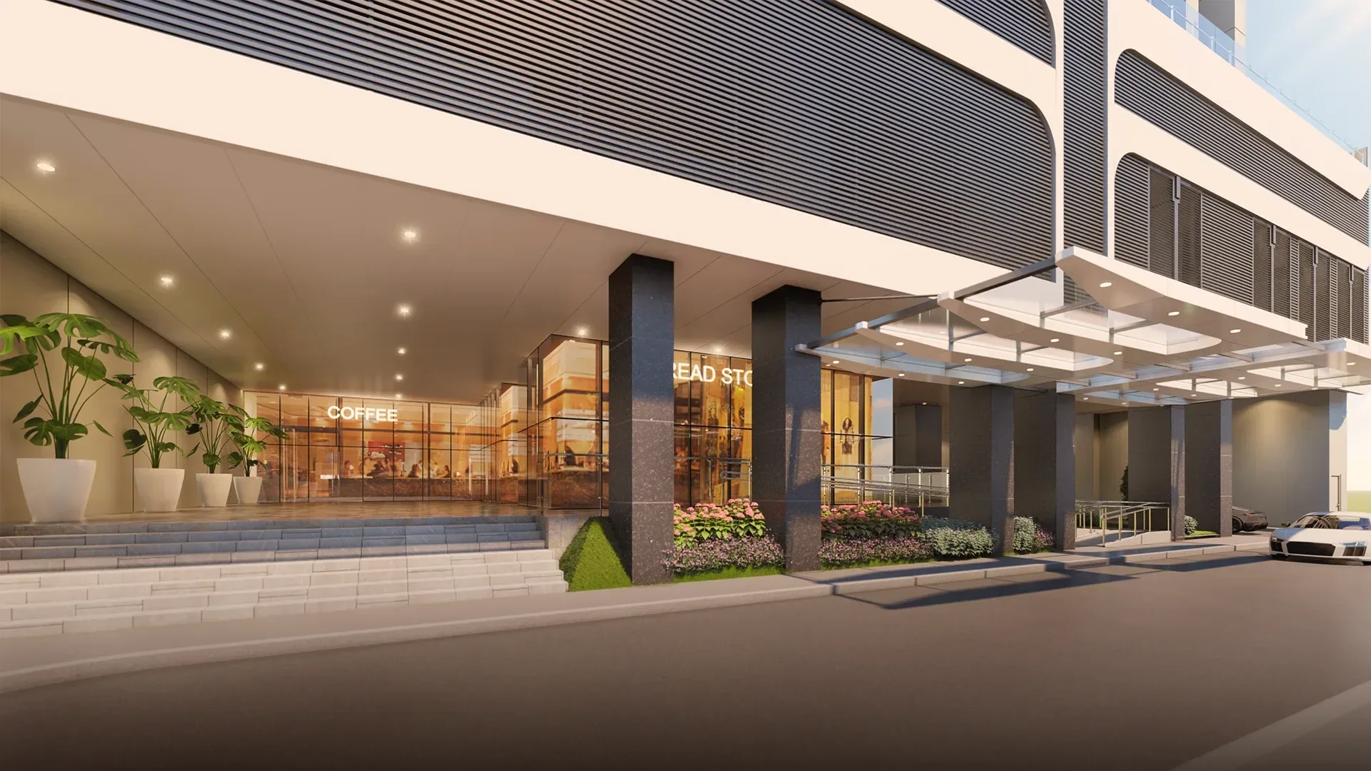 The driveway and drop-off area at Mint Residences.