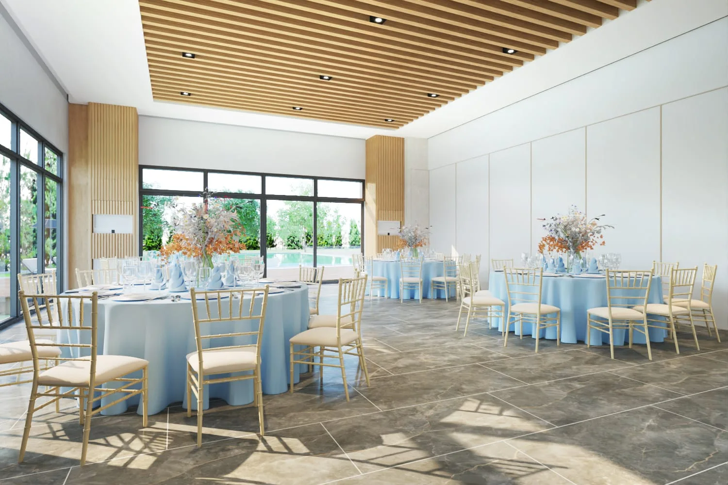The function hall at Symphony Homes, set up for an event.