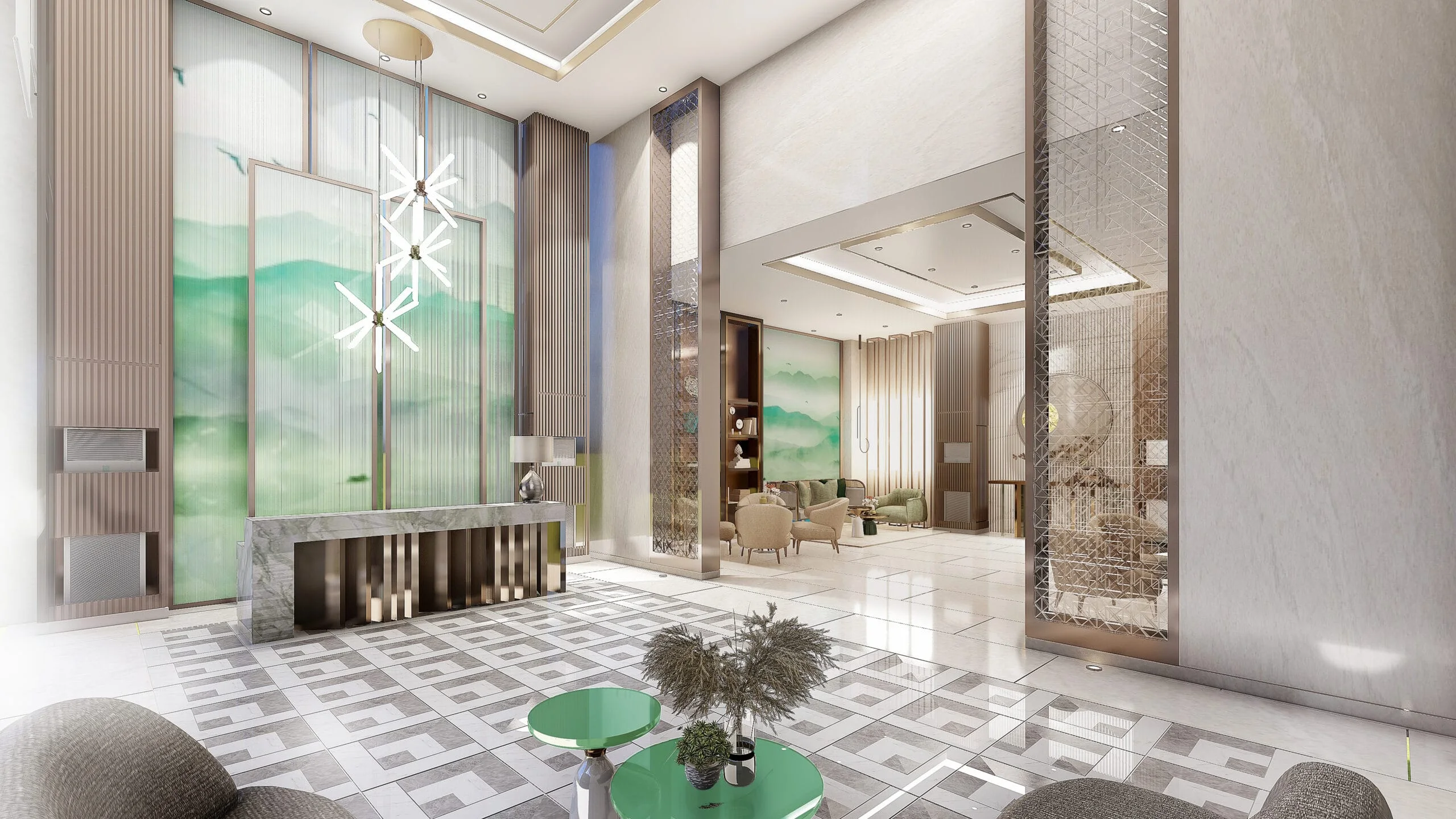 The grand lobby at Jade Residences.