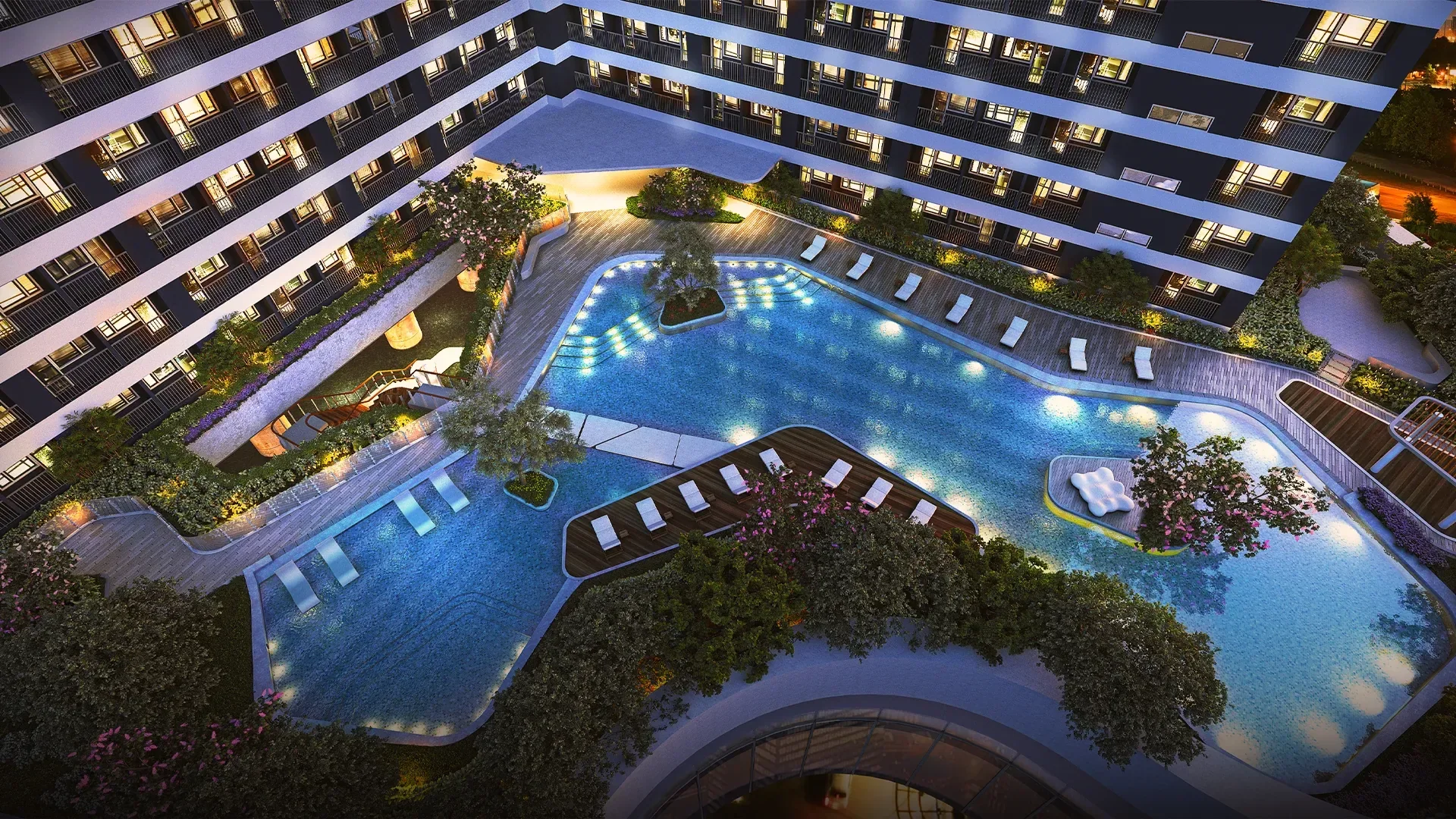 The pool at Air Residences at night.