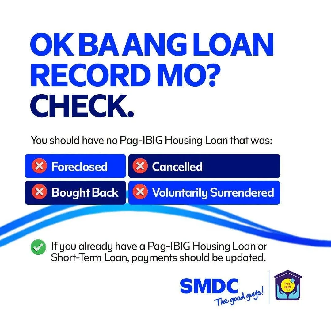 OK ba ang loan record mo? Check. You should have no Pag-IBIG Housing Loan that was foreclosed, cancelled, bought back or voluntarily surrendered. If you already have a Pag-IBIG Housing Loan or Short-Term Loan, payments should be updated.