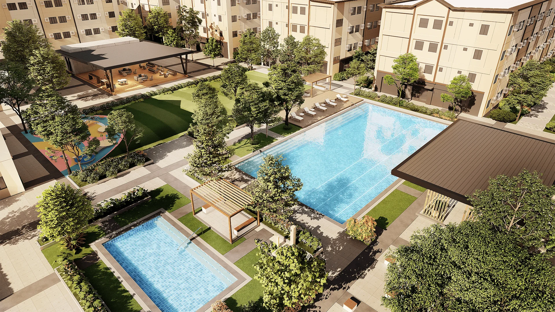 Turf Residences garden community buildings and pool in Biñan, Laguna.