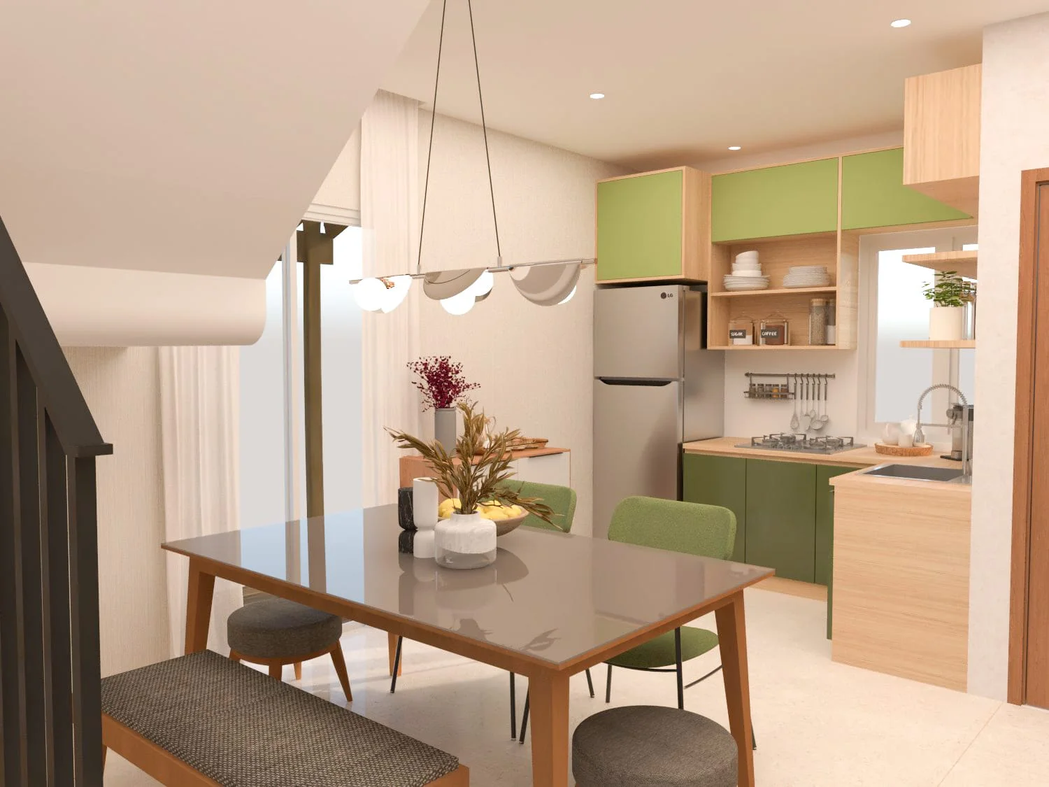 A kitchen and dining area in a Symphony Homes model unit.