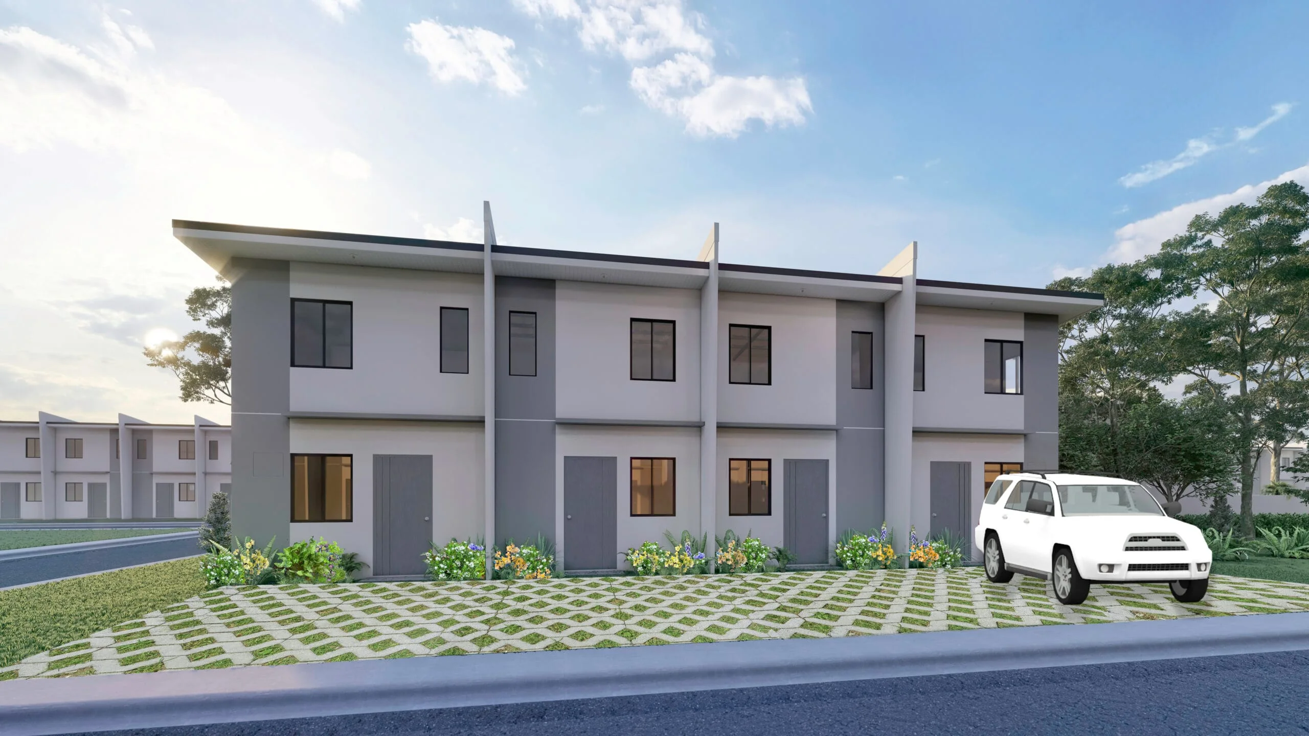 A row of homes along a street at Cheerful Homes 2.