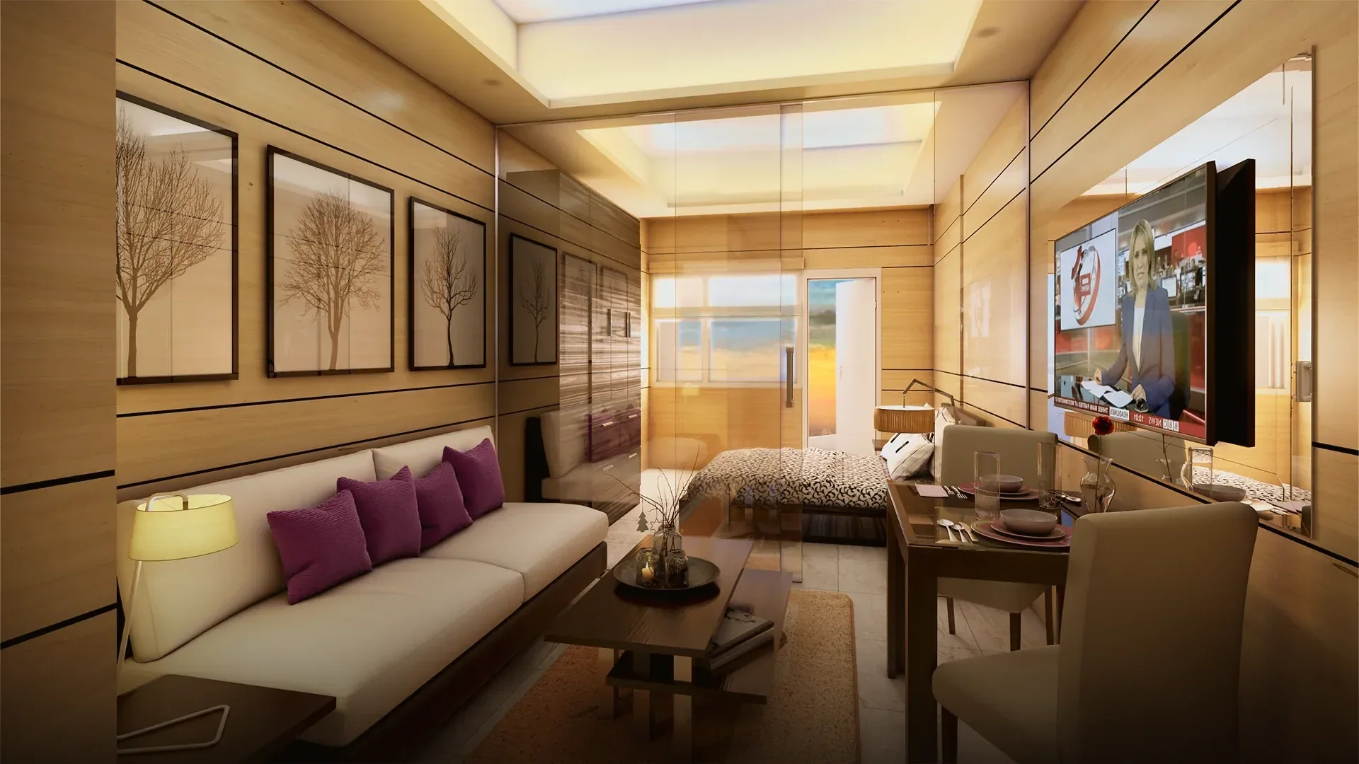 A 1-bedroom unit at Coast Residences seen from the living area, looking through a glass partition to the bedroom and the balcony door beyond.