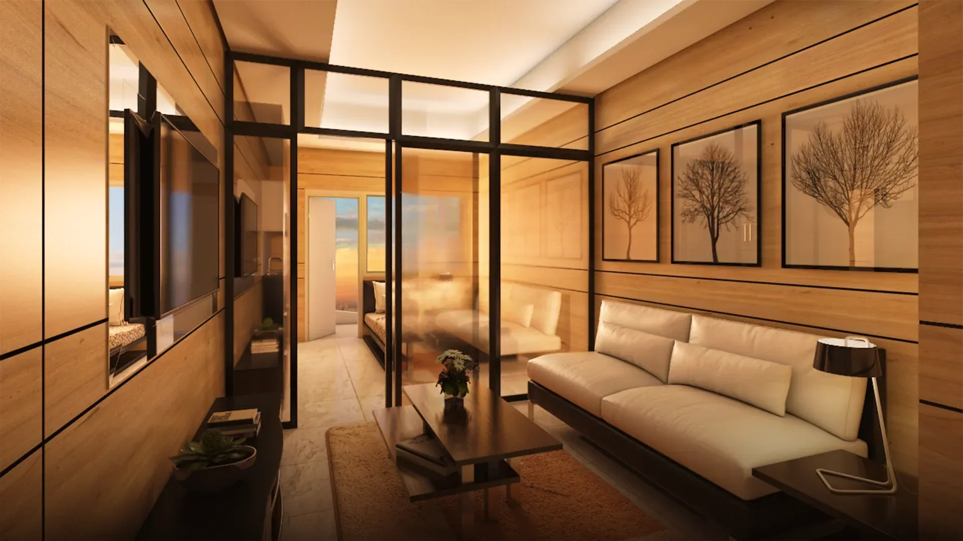 A 1-bedroom unit at Coast Residences: living and dining area with floor-to-ceiling windows.