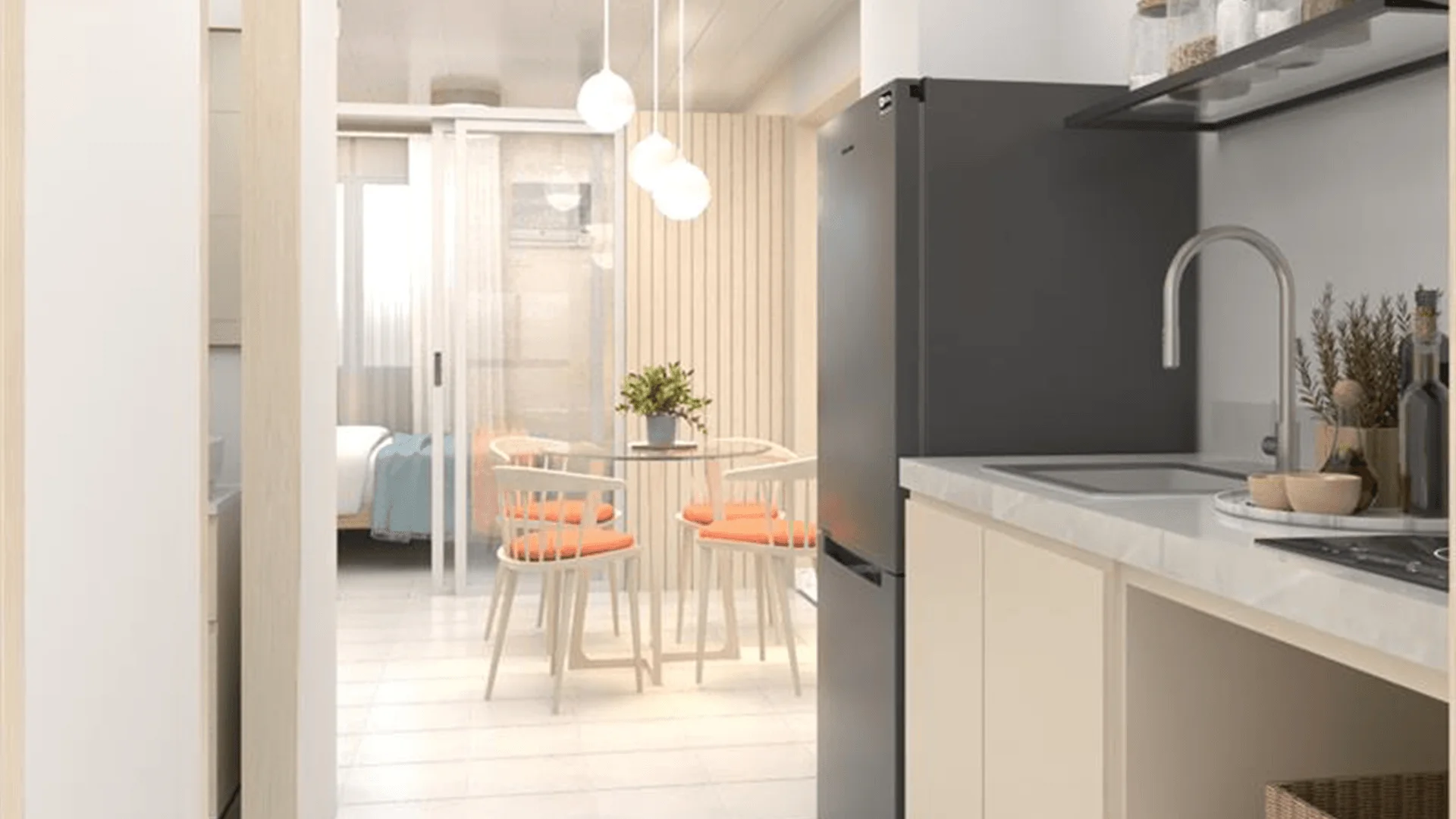 The kitchen and dining area of a 1-Bedroom unit at Zeal Residences.