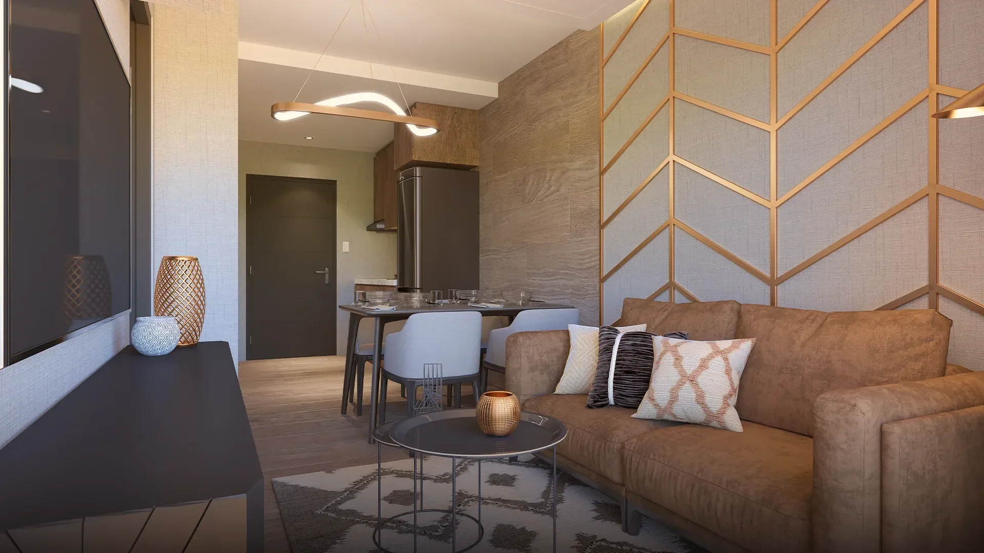 A unit living area at Twin Residences with contemporary finishes.