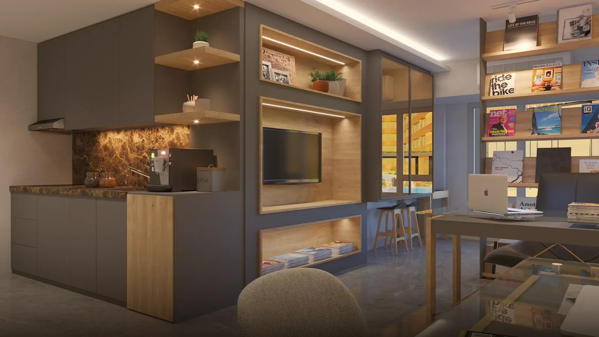 A unit kitchen and living area at Gold City.